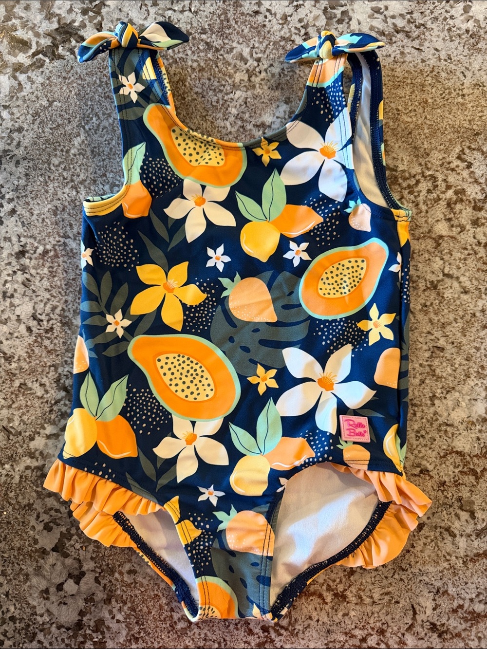Ruffle Butts Navy Floral & Fruit One-Piece Swimsuit with Orange Ruffle